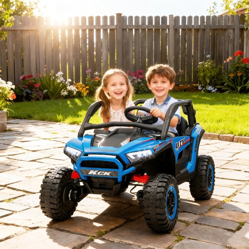 UTV elettrico per bambini, 5-7 km/h, 2 posti, telecomando, musica, luci, 1 ora di autonomia, blu