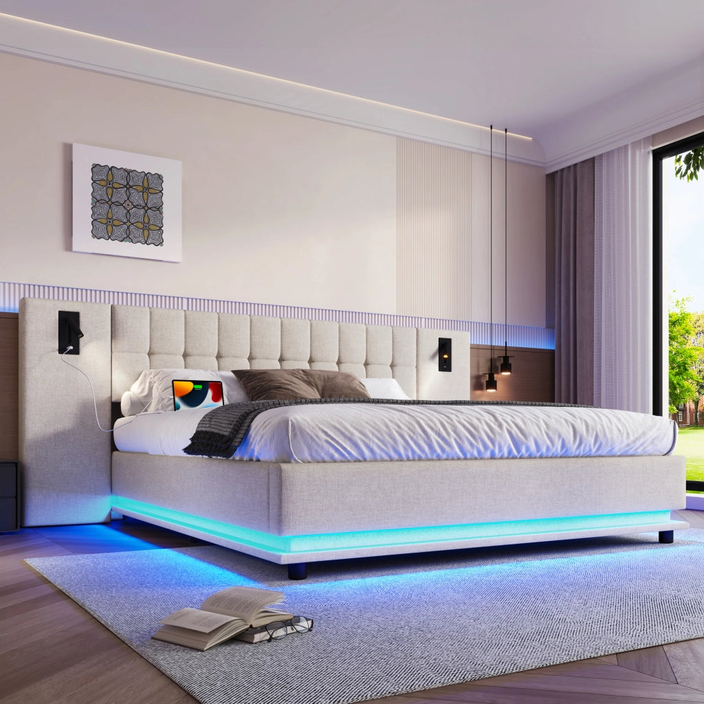 LETTO imbottito 180x200 cm Beige in lino con LED, USB e spot