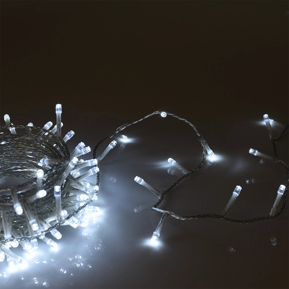 CATENA LUMINOSA 300 LED CON CAVO TRASPARENTE LUCE BIANCA 7 MODALITA' DI ILLUMINAZIONE + LUCE FISSA - DECORAZIONE PER INTERNI ED ESTERNI
