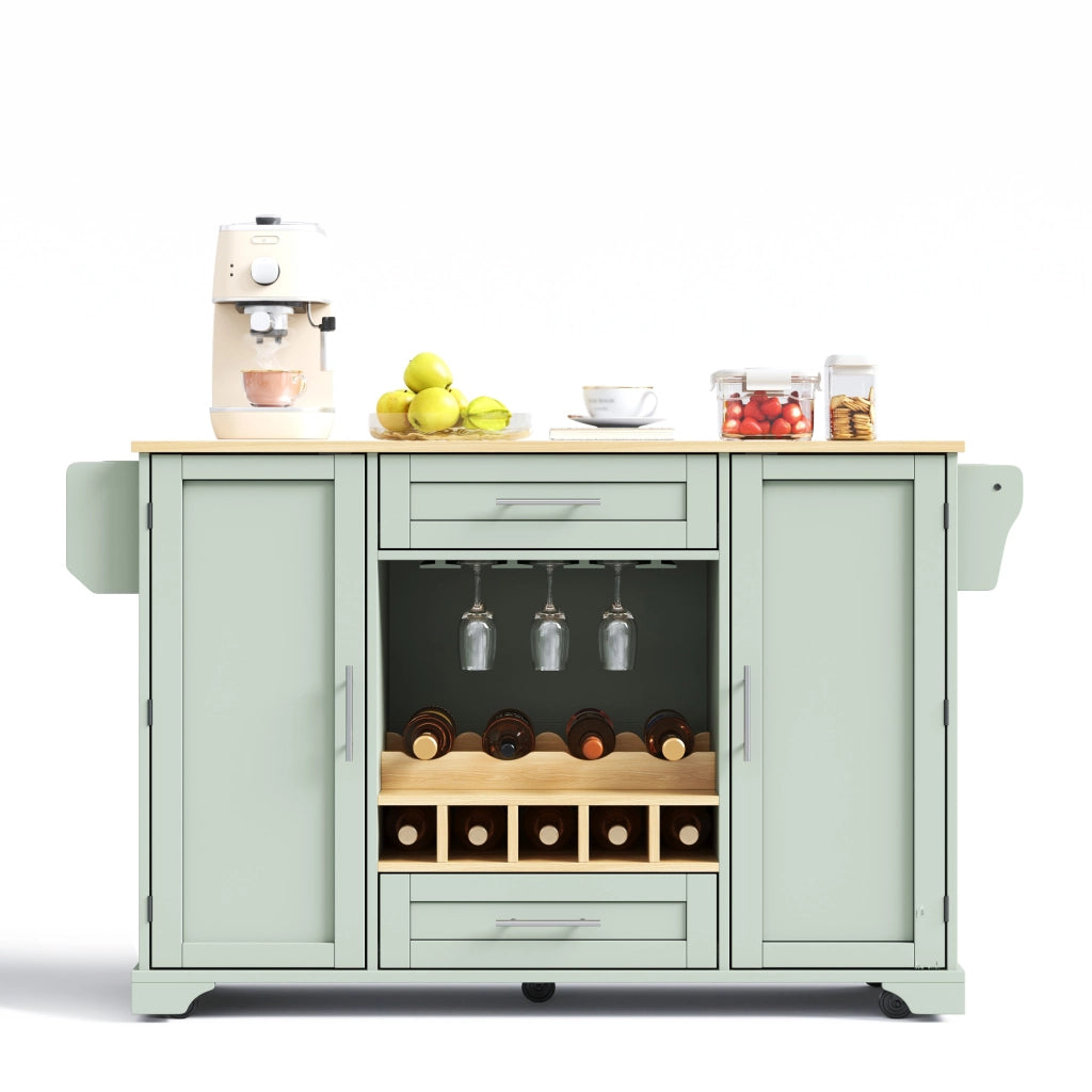Carrello da cucina con piano estraibile; 2 ante e 2 cassetti con porta bottiglie; in MDF; verde antico; 138×70×92 cm