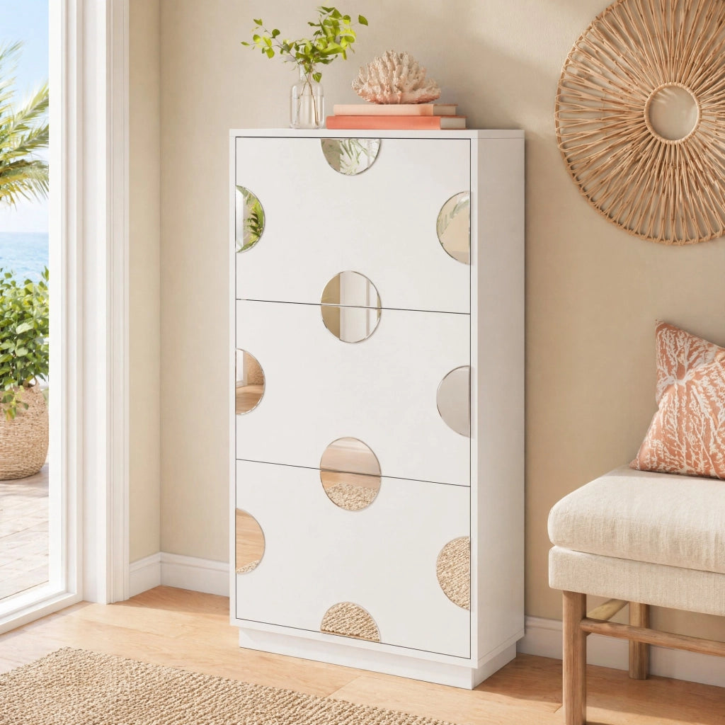 SCARPIERA con specchio rotondo 63x24x120 cm MDF bianco
