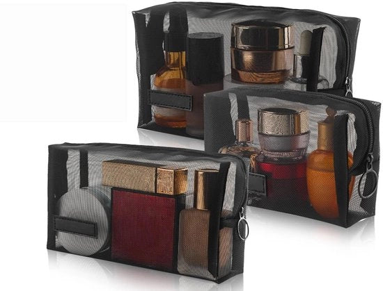 Set di mini-tasche per cosmetici portatile - 3 pezzi - Tessuto nylon di alta qualità - Disegno trasparente a rete - Spazio per prodotti per la cura della pelle - Resistenti e resistenti all'usura - Tasche per cosmetici