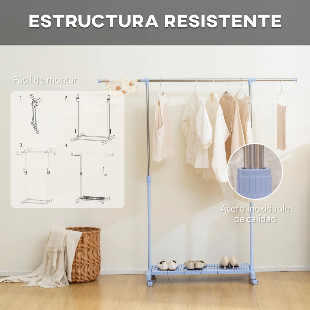 Appendiabiti Estensibile con Ruote e Ripiano per Scarpe ¨C Zephmum ¨C 159x42x168 cm Blu e Argento