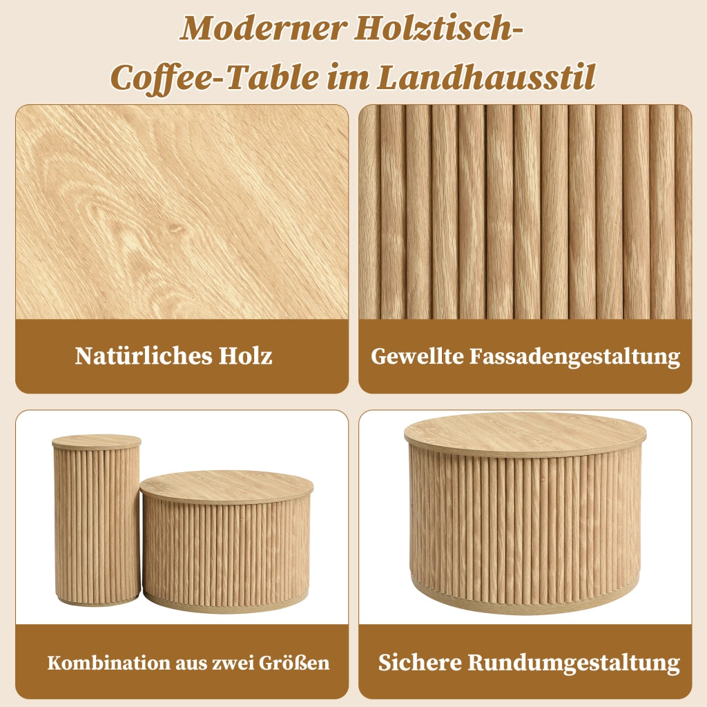 Tavolino da Caffè Rotondo 2 Pezzi con Struttura di Archiviazione, Stile Moderno, per Salotto, MDF, Naturale