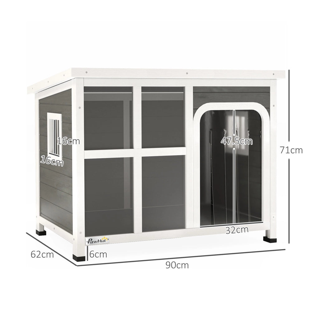 Cuccia per Cani di Taglia Piccola e Media 90x62x71 cm con Finestrelle e Ingresso a Tenda in Legno di Abete Grigio Chiaro