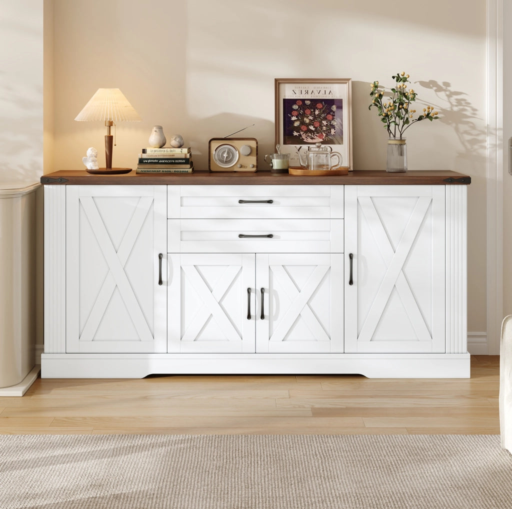 Credenza sideboard 160x39x81;5 cm con 4 ante e 2 cassetti; bianco in MDF e truciolare