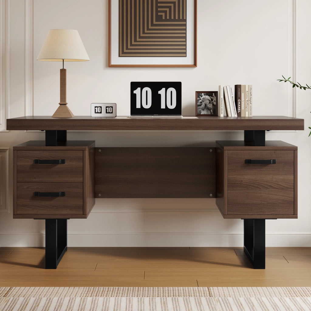 Scrivania lineare con 2 cassetti e vano portadocumenti; per ufficio; 135×54×76 cm; in MDF e metallo; marrone