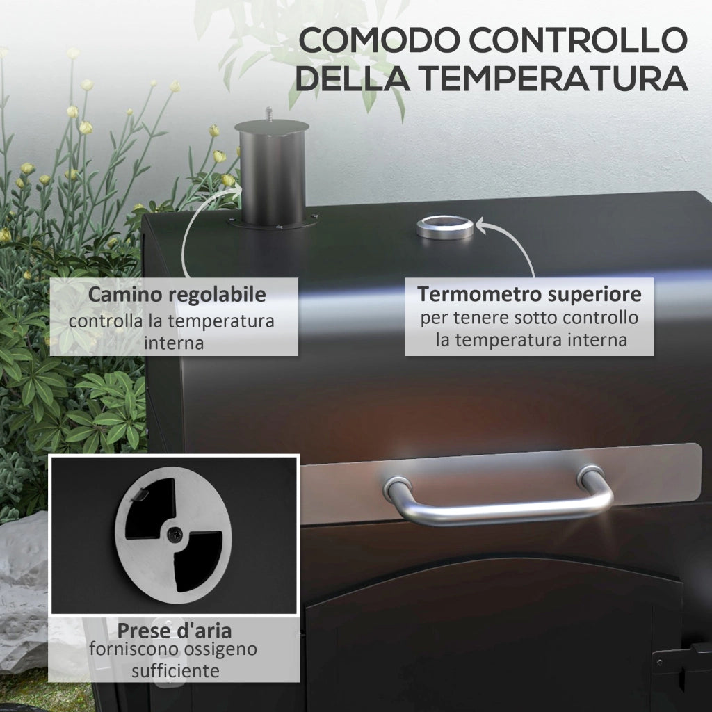 Barbecue a 2 Ruote con Griglia Affumicatore e Fornello ¨C Xylo ¨C Metallo Ghisa Nero 124x66x112cm