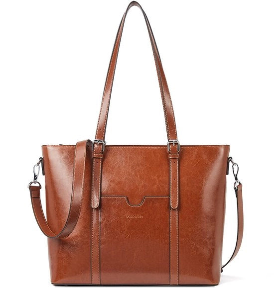 Borsa da spalla shopper in pelle con tasche per laptop 14-15,6 pollici, borsa da donna in pelle marrone