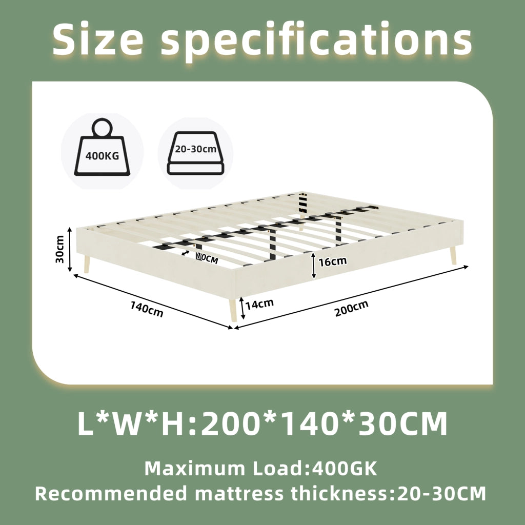 DESMIU Letto 140 × 200 cm 2 posti con LED, schienale regolabile e struttura in tessuto, senza materasso, beige