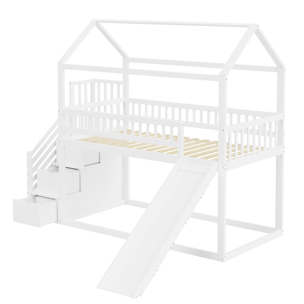 Letto a soppalco 90×200 cm; letto singolo con scivolo e scala contenitore; sponde alte; senza materasso; legno