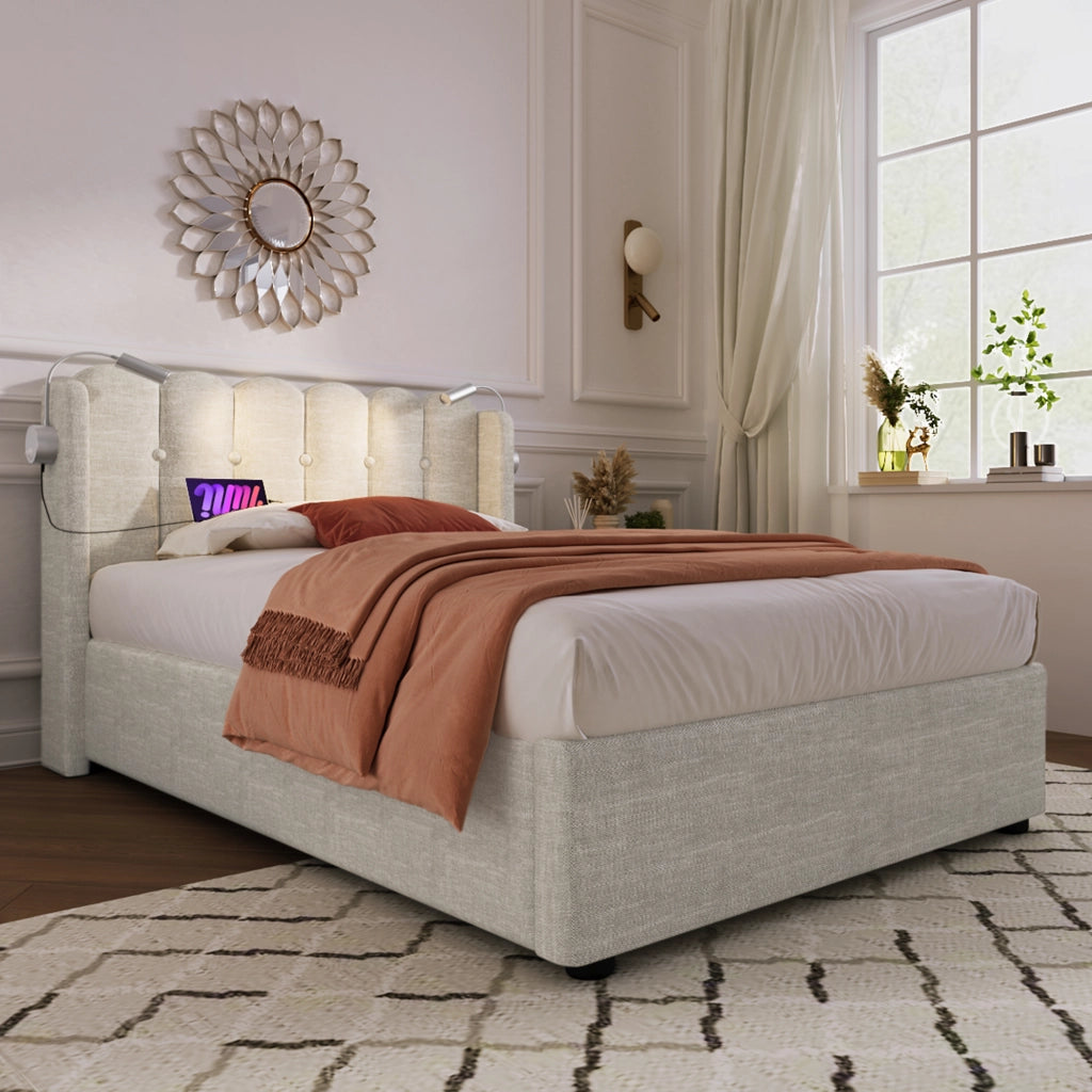 letto imbottito lino beige 90 x 200 cm