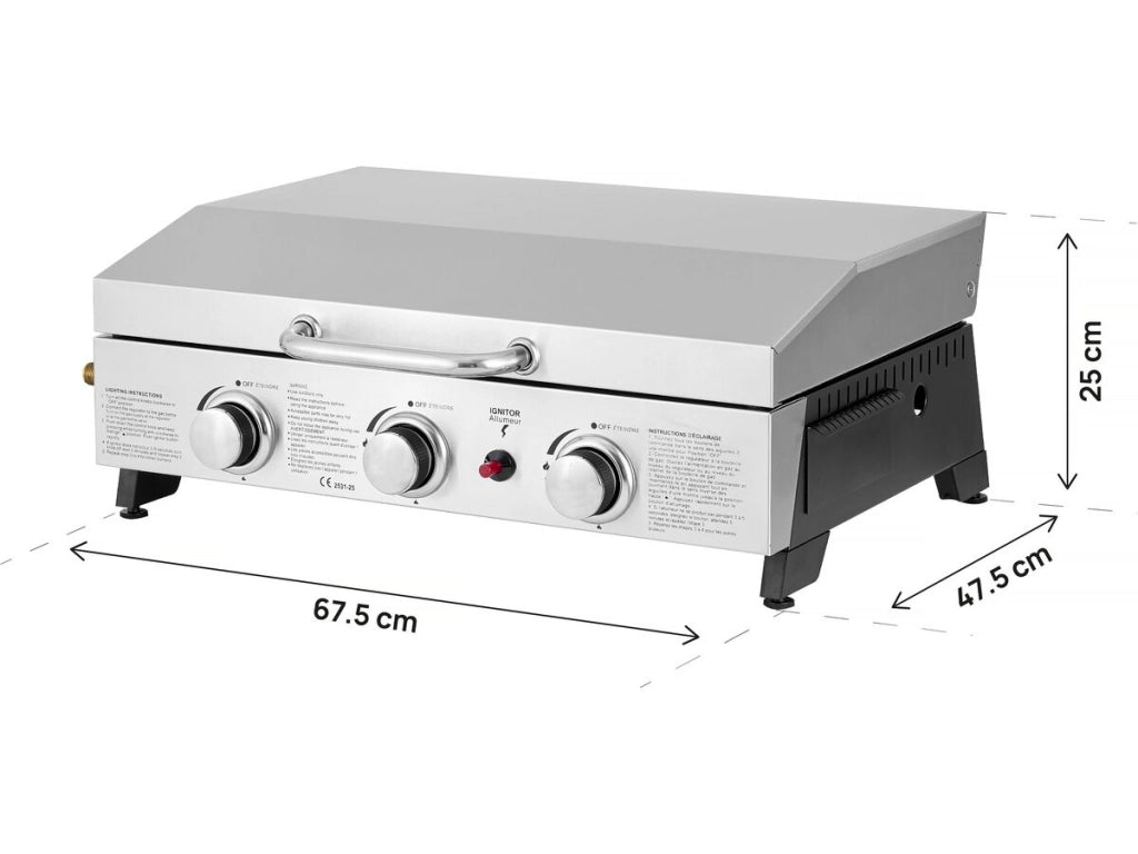 Piastra a gas con 3 bruciatori e coperchio in metallo "Fasto" - 7,5 kw - Grigio