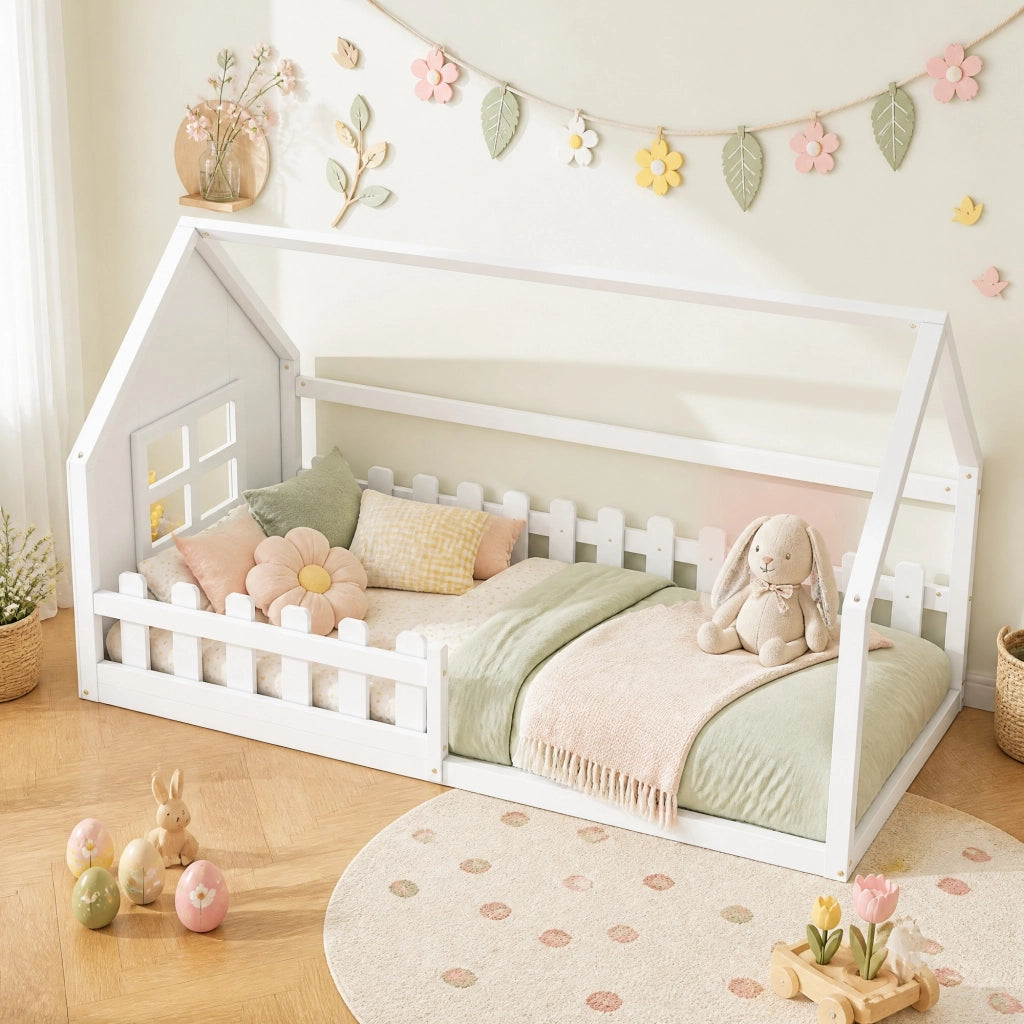 Letto per bambini 90x200 cm in pino e MDF, forma casetta, bianco