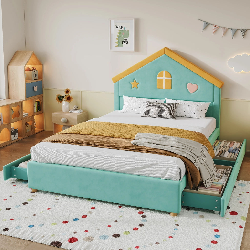 letto per bambini velluto blu verde 140 x 200 cm