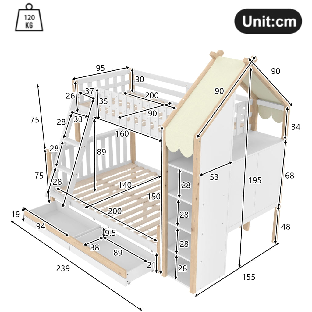 DESMIU Letto a castello per bambini 90 × 200 cm e 140 × 200 cm con contenitori, senza materasso, bianco naturale