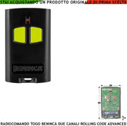 Telecomando Bicanale Frequenza 433,92 MHz Portata Libera 60/100 MT TO.GO Codice Sicurezza Advanced Rolling Code 128 Bit Batteria 12 V 23A Contenitore ABS Nero Tasti Gialli Comando Automatismo Benincà