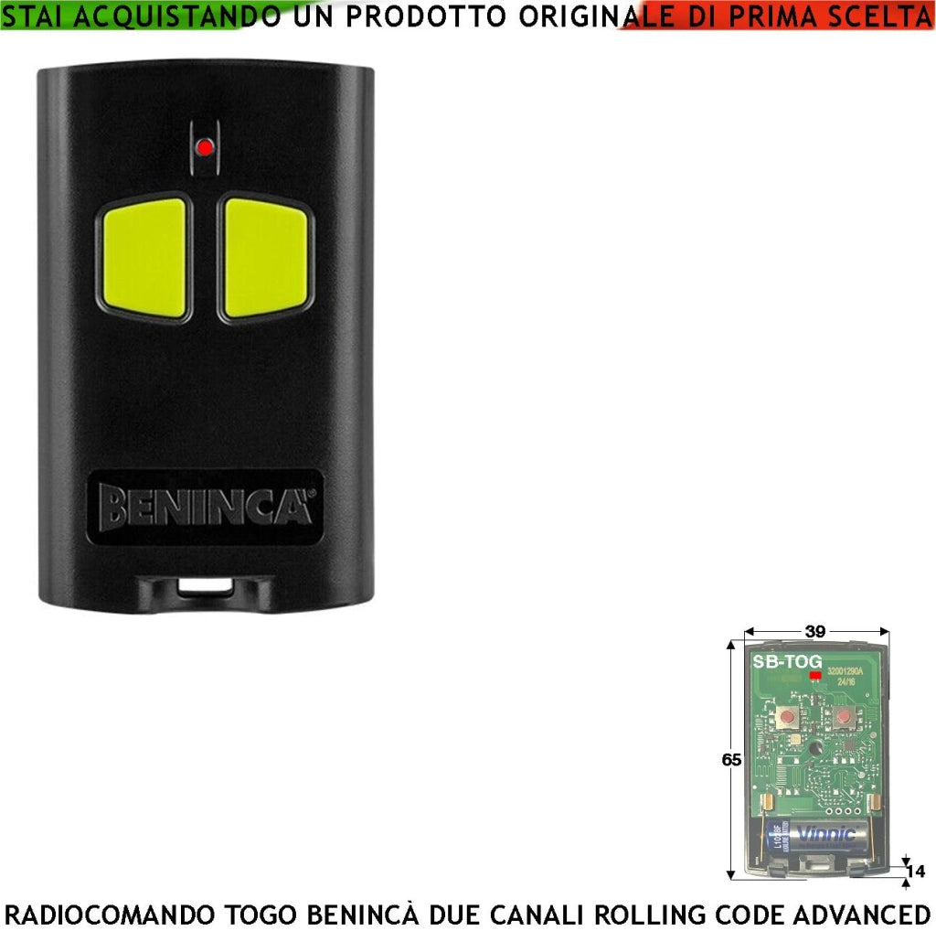 Telecomando Bicanale Frequenza 433,92 MHz Portata Libera 60/100 MT TO.GO Codice Sicurezza Advanced Rolling Code 128 Bit Batteria 12 V 23A Contenitore ABS Nero Tasti Gialli Comando Automatismo Benincà