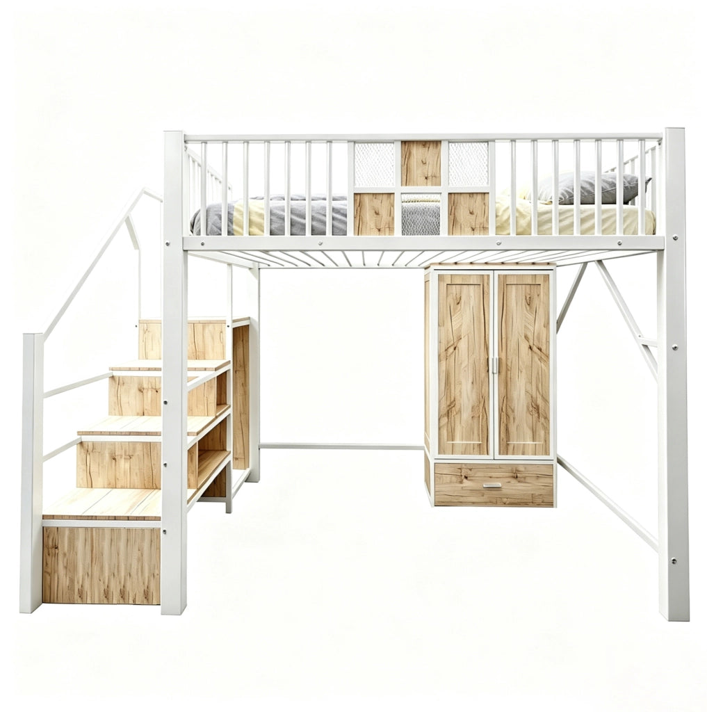 Letto a soppalco 140x200 cm con armadio, cassetto e scala contenitore