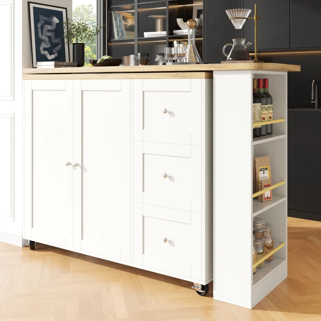 Tavolo rotante multifunzionale - Zephmum - 135-203x39x106 cm - Bianco - 3 cassetti e portasnack