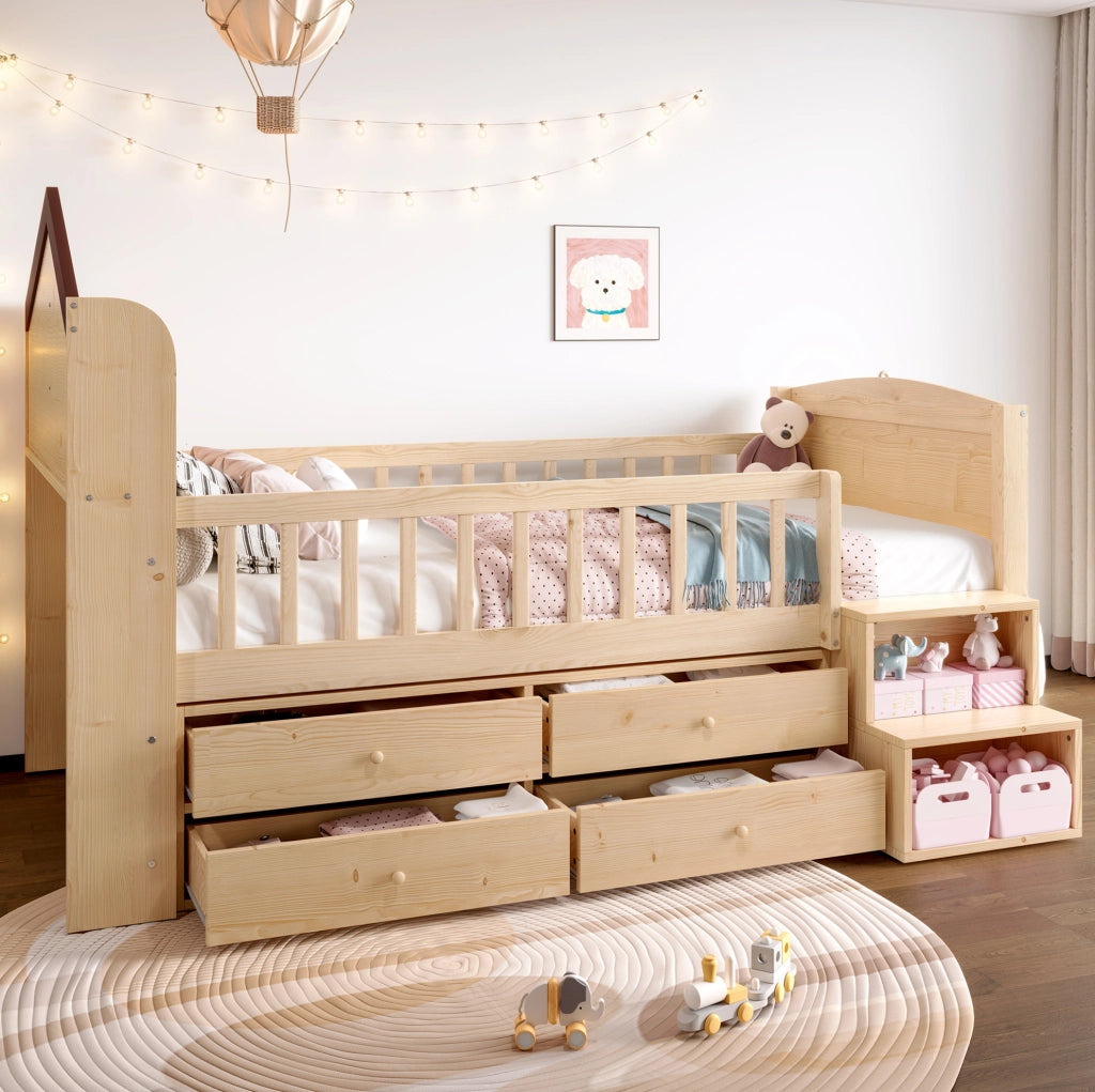 Letto per bambini a casetta 90x200 cm con LED, 4 cassetti e scala contenitore