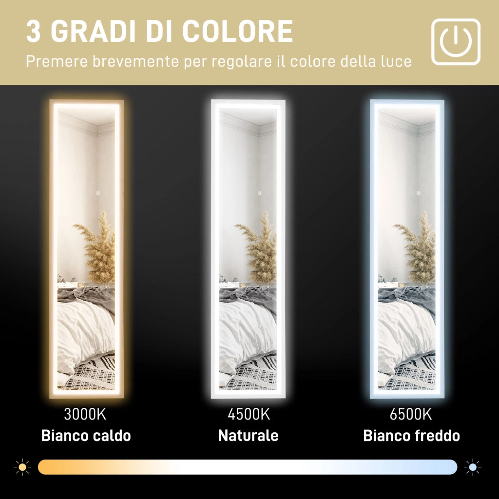 Specchio da Terra con Luci LED Regolabili. 3 Colori. 40x160 cm Specchio da Parete e Autoportante a Figura Intera in Vetro Temperato e MDF con Funzione Memory. per Soggiorno. Bianco