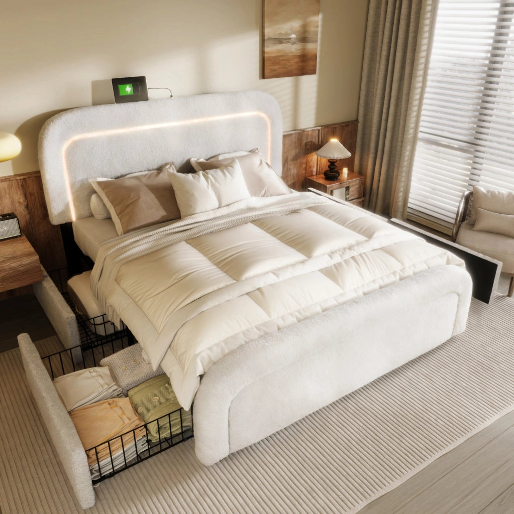 Letto imbottito 140x200 cm con LED, USB-C e 4 cassetti, bianco