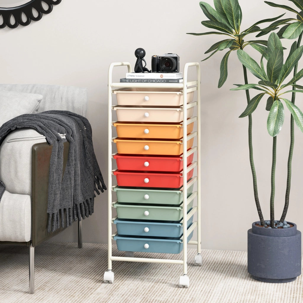 Carrello cassettiera multiuso con 10 cassetti da cucina-Scaffale Contenitore con ruote a 10 ripiani per bagno Colorato 2