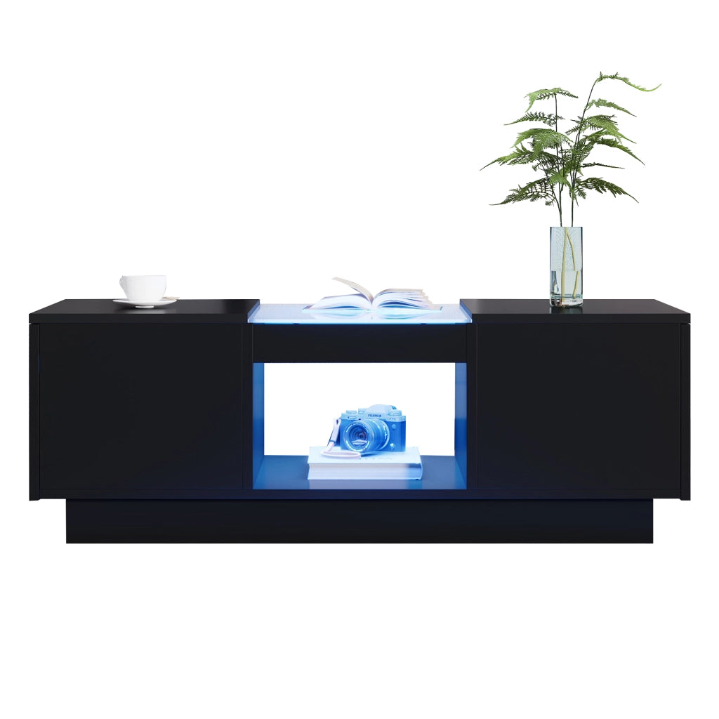 Tavolino da salotto nero con vetro e LED - Zephmum- 100x50x35,5 cm controllo app, 2 cassetti