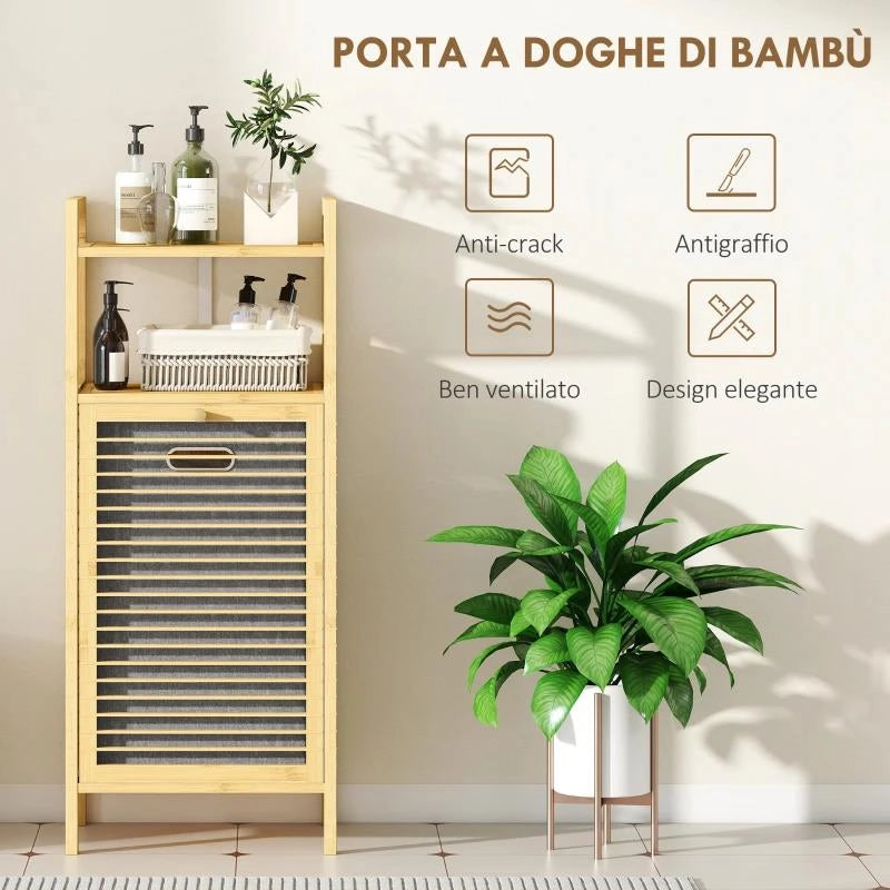 MOBILE BAGNO A DOGHE CON CESTO PORTABIANCHERIA E ARMADIETTO, IN BAMB¨ E POLIESTERE, 40X30X95 CM, GRIGIO E LEGNO