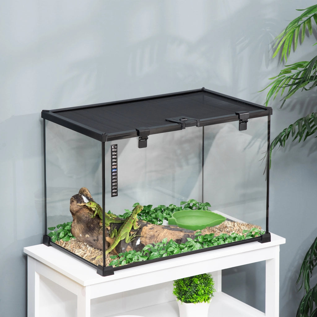 Terrario per Rettili Rialzato ¨C Xylo ¨C Vetro e Rete Metallica con Serratura e Termometro, 50x30x35 cm, Nero