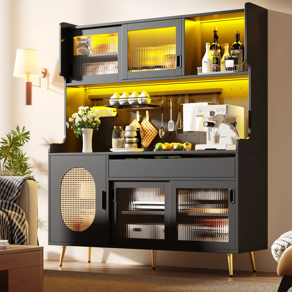 Credenza Buffet con Ante e LED ¨C MINIMAL ¨C Legno Marrone/Nero, 145x39x171