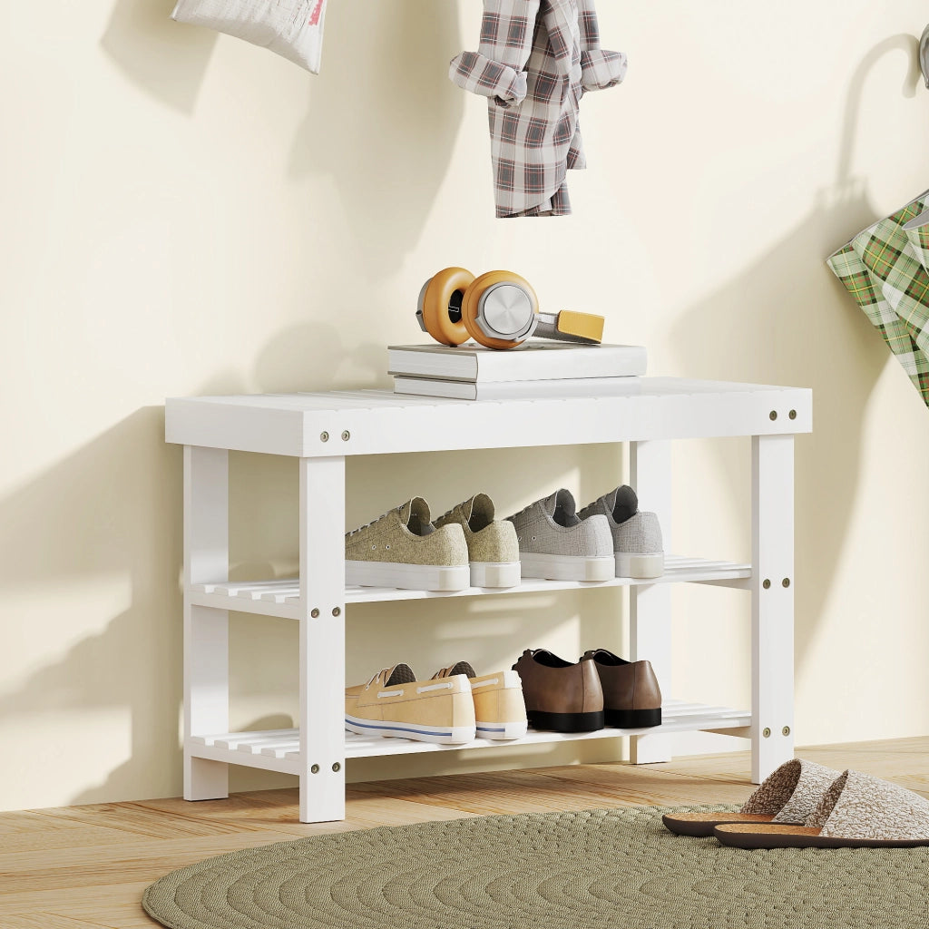 Banco portascarpe in bamb¨´ con seduta e ripiani ¨C Minimal ¨C 70x28x45 cm bianco