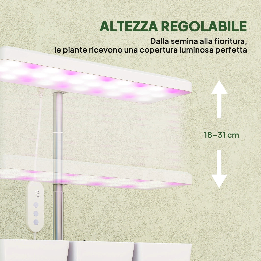 Lampada per Piante LED 30 Luci ¨C Xylo ¨C con 3 Vasi, Timer, Regolabile, 31.8x13.4x18.6-35.6 cm, Bianco