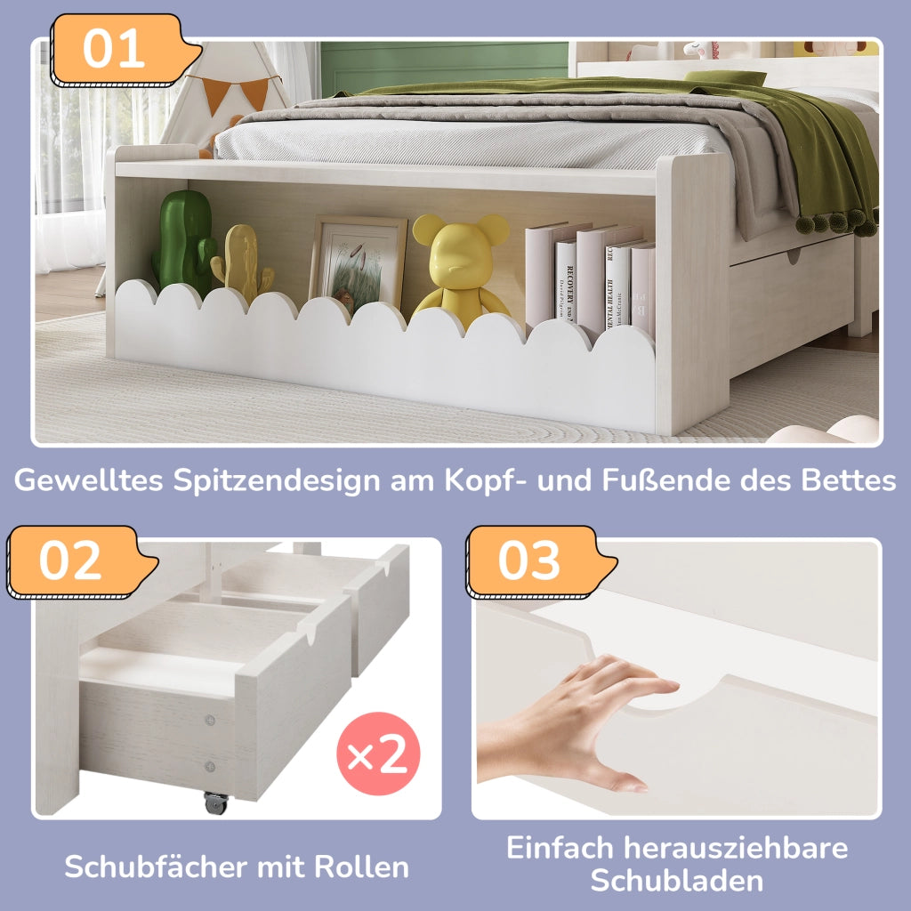 LETTO Singolo con cassetti e ripiani 90x190 cm Bianco e Rovere