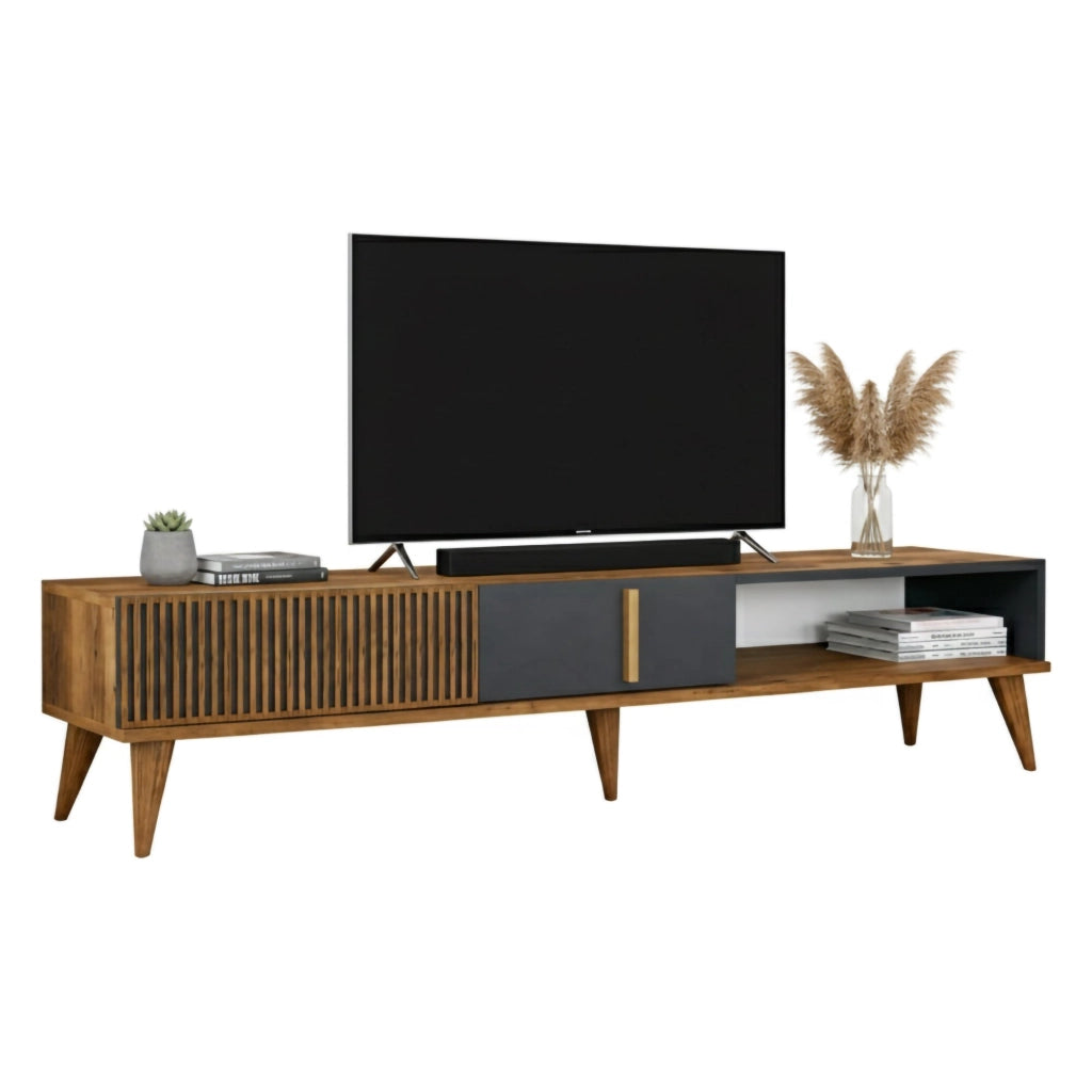 Mobile porta TV Jakuchu, Credenza da soggiorno, Armadio basso per TV, Base parete attrezzata, 180x35h40 cm, Noce e Antracite