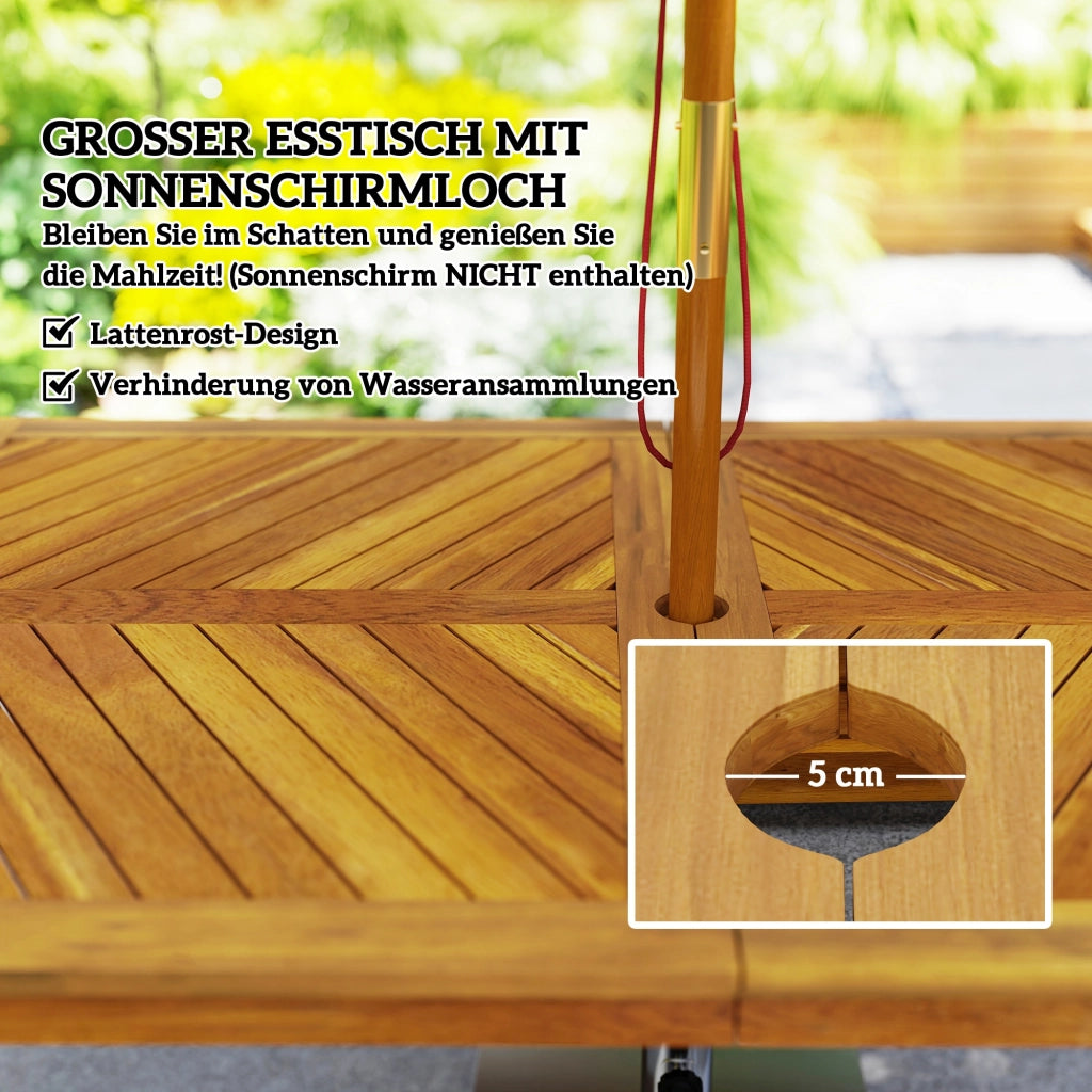 Set da giardino a 3 pezzi: tavolo da pranzo (foro per ombrello) + 2 panche; 150x85x75 cm; teak
