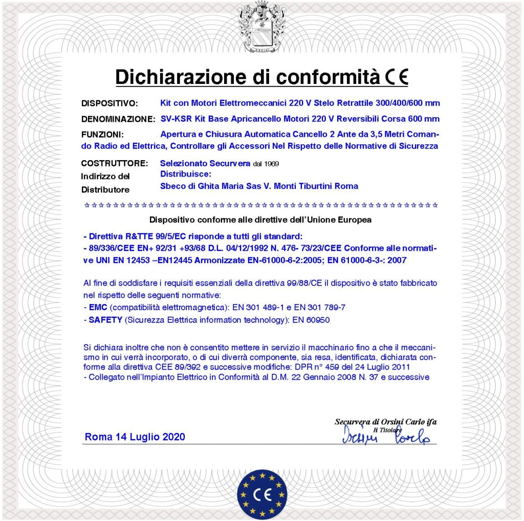 Kit Automazione Cancello da 7 Metri 2 Ante da 3,5 MT Motori Elettromeccanici 230 V Reversibili Centrale 2 Coppie Fotocellule 2 Radiocomandi Faro Serratura Paletto Selettore 2 Scatole Fusibili 2 Cavi