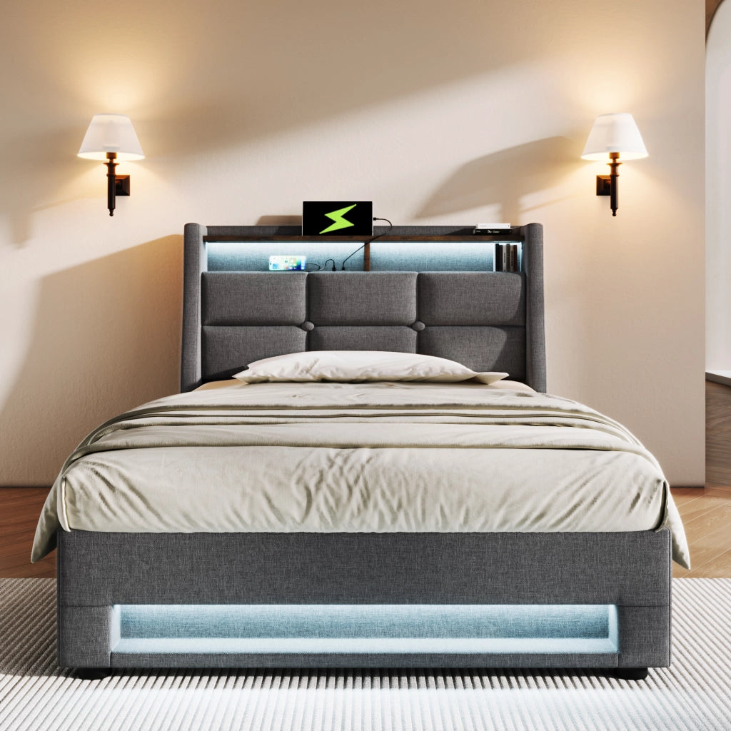 OKWISH Letto Singolo 90×200 cm con Contenitore, USB, LED Regolabile e Mensola, senza Materasso, in Lino, Grigio