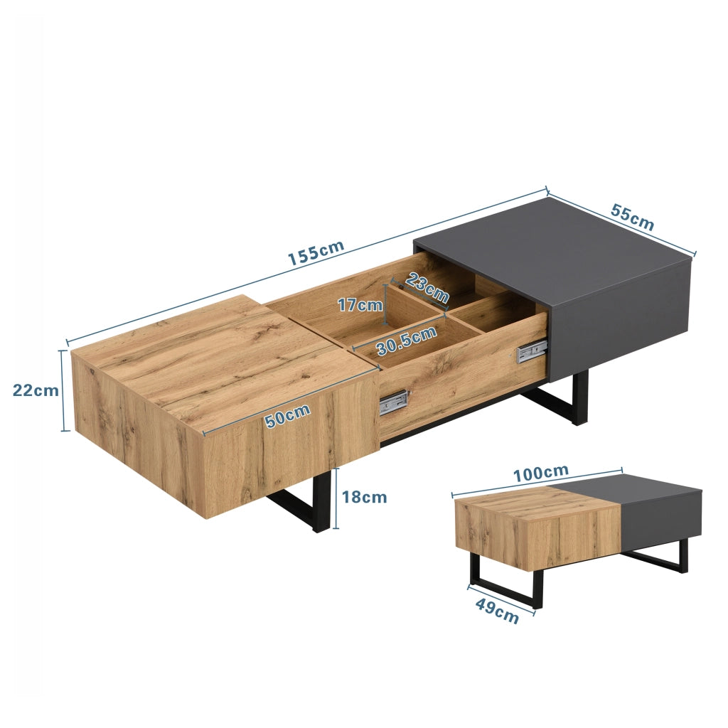 Tavolino da salotto multifunzionale - Zephmum- 155x55x40 cm - Con ripostiglio nascosto e struttura in legno e metallo