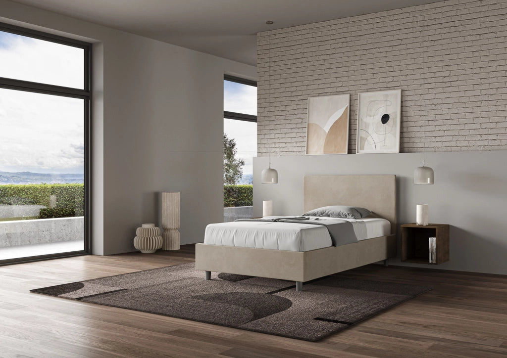 BS COM Letto singolo con rete imbottito 100x190 microfibra sabbia
