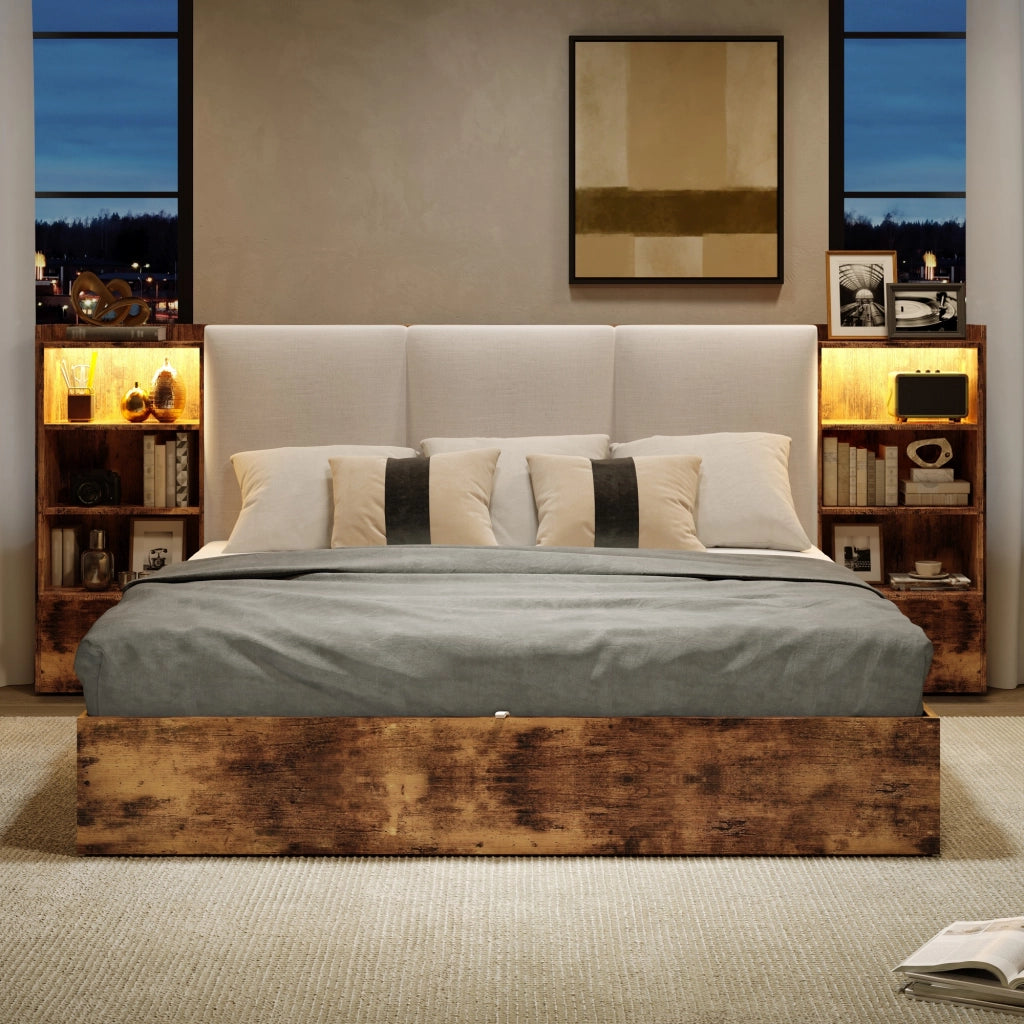 DESMIU Lit coffre 180 × 200 cm 2 posti con LED, 6 vani, testiera imbottita, senza materasso, marrone