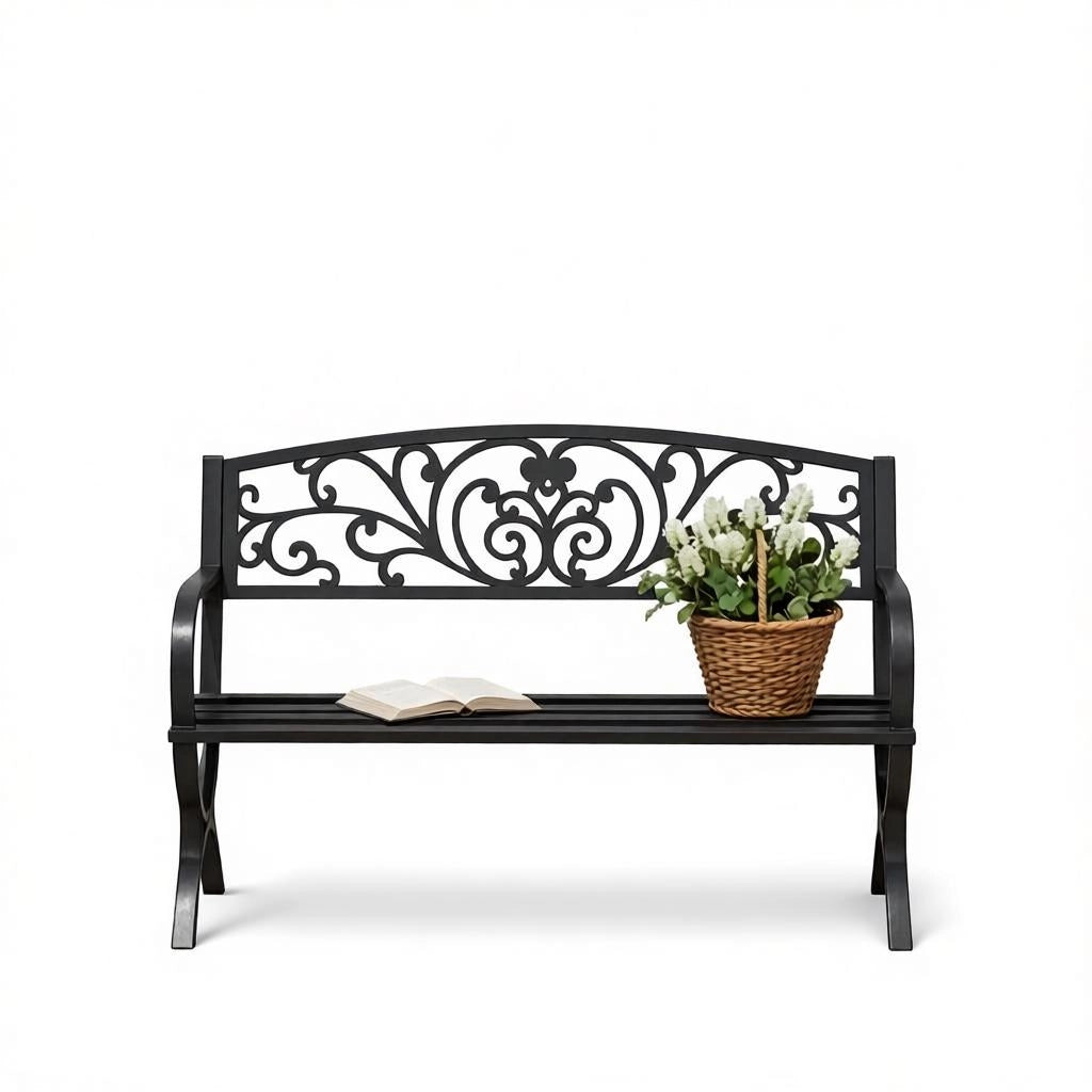 Elegante panchina da esterno, panchina da giardino con schienale ornamentale, panchina elegante (solo panchina)