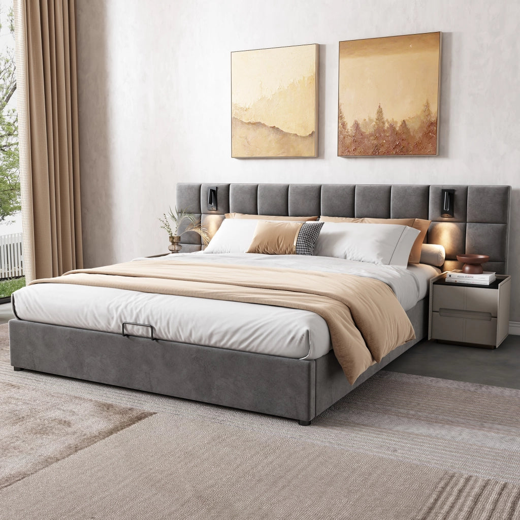 LETTO Contenitore 160x200 cm in velluto grigio con lampada e USB