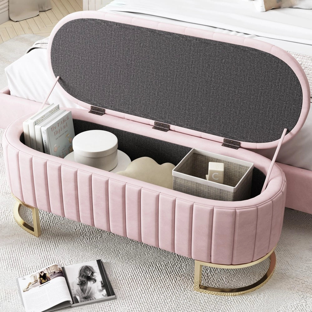 Letto contenitore con panca imbottita - Zephmum- 120x40 cm, velluto rosa