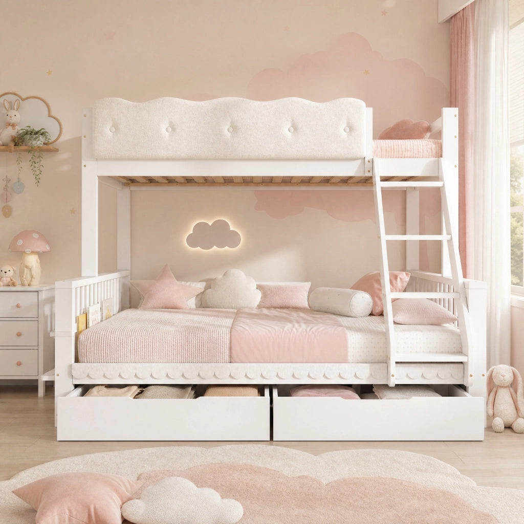 Letto a castello per bambini e adulti 90x200/140x200 cm in legno bianco con cassetti e portariviste