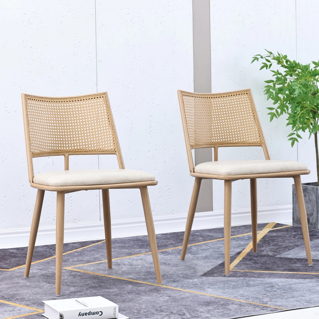 Sedia da Pranzo Set da 2 con Schienale in Rattan, Seduta Imbottita e Struttura in Metallo, Rattan Beige