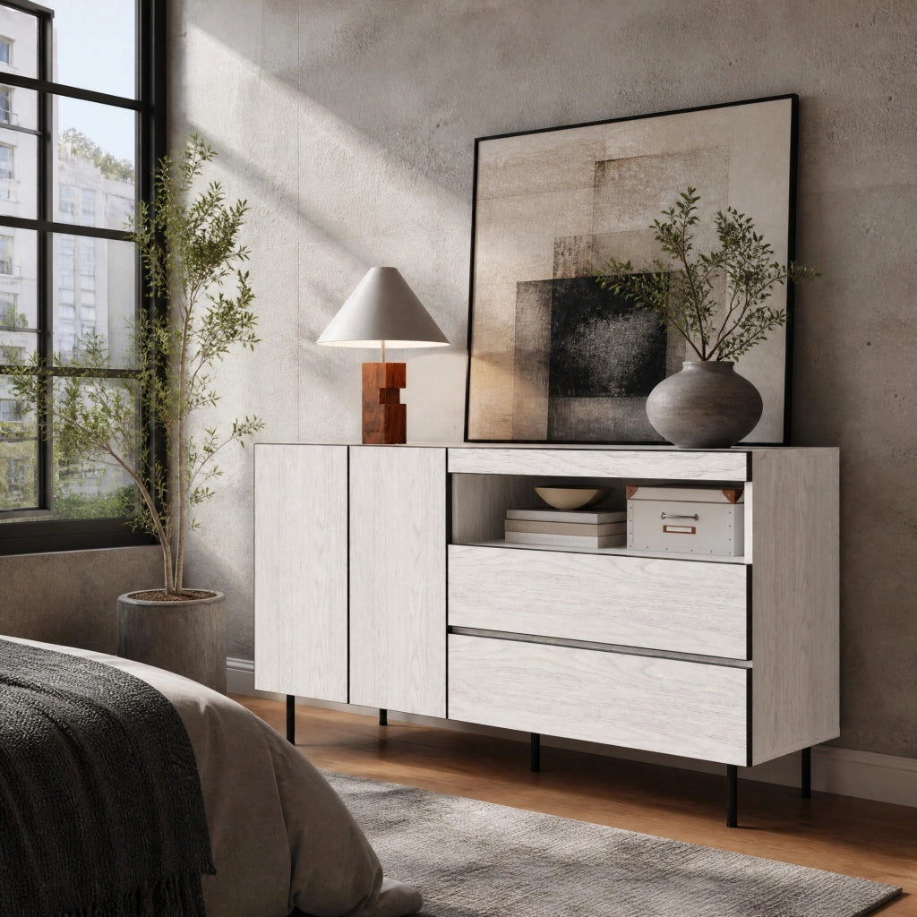 SIDEBOARD con 2 ante, 2 cassetti e ripiani aperti 140x42x77 cm bianco