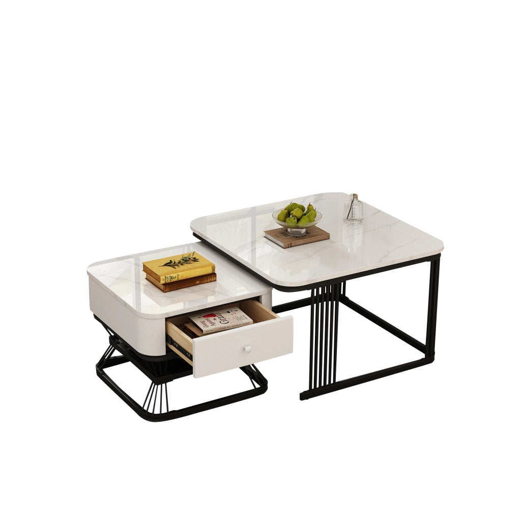 Set di 2 tavolini da salotto quadrati in effetto marmo lucido, bianco e nero, 70x70x45 cm + 50x50x40 cm, con 1 cassetto