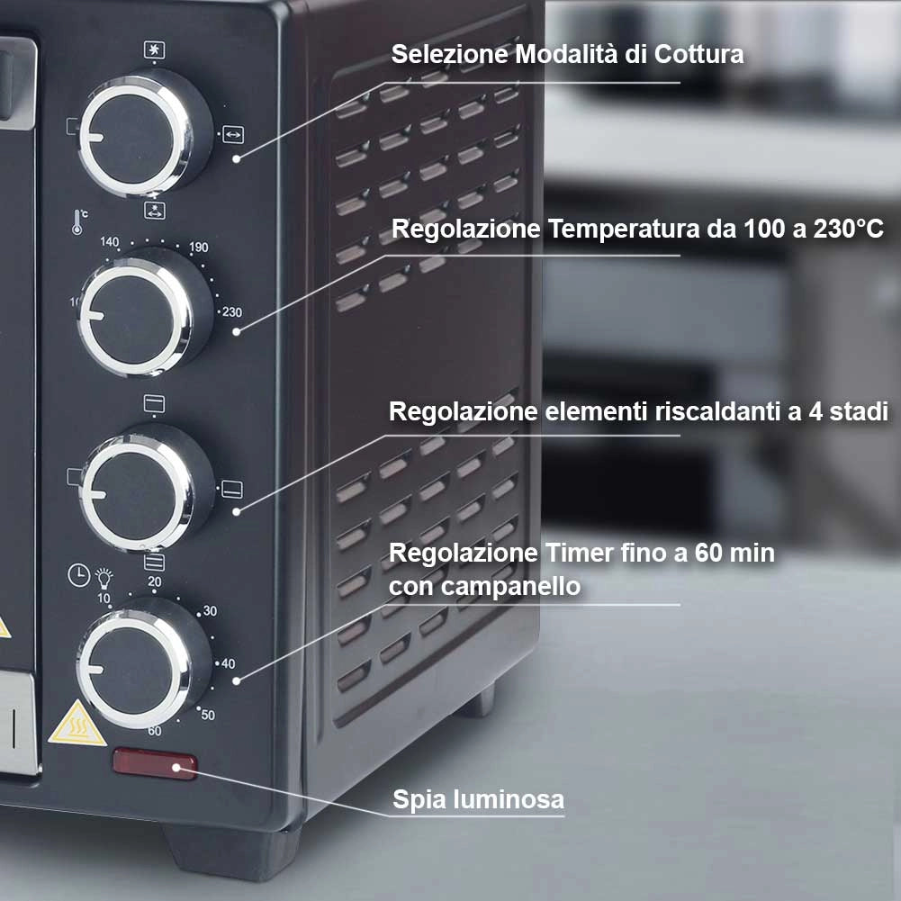 Forno Elettrico Ventilato 38 LT con Girarrosto Luce Interna Timer 1600W